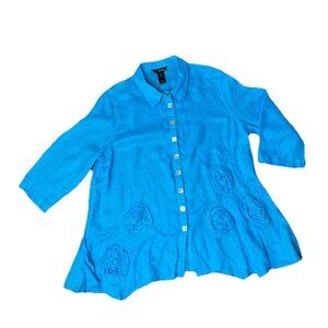 Ali Miles 100% Linen Artsy Button Down Tunic Top Shirt Size 1X Lagenlook